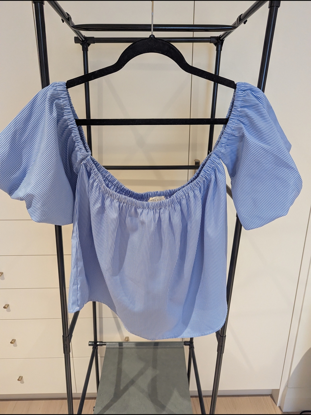Sophie Rue Blue Pinstripe Off-Shoulder Puff Sleeve Blouse